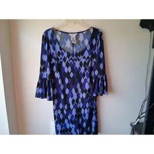 Speechless Womens Blue Purple Geometric Print Bell Sleeve Shift Dress Size M